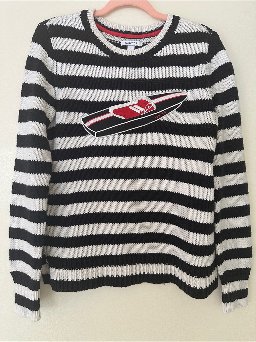 Nautica Black & White Striped Knit Sweater with Red Boat Patch